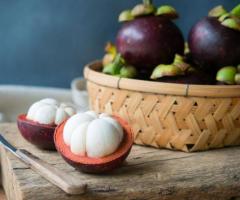 Mangostino Ecuador, las plantas y las frutas frescas en la temporada